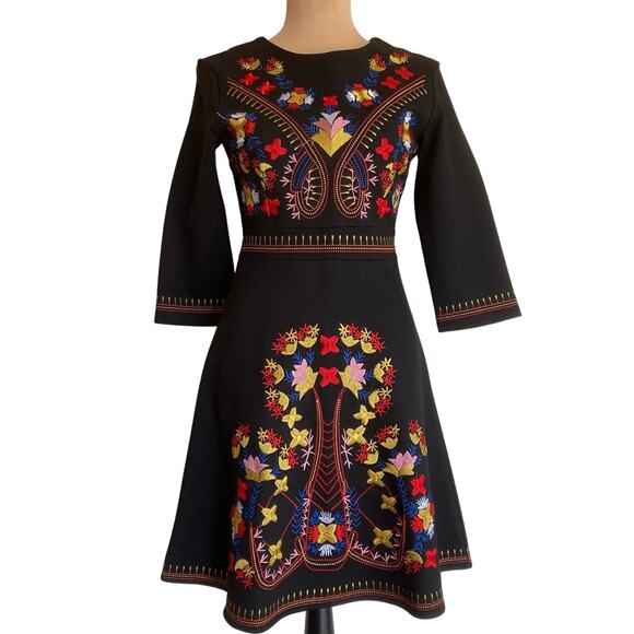 Lai Meng Five Cats Dresses & Skirts - NWT Lai Meng Five Cats Fit Flare Dress S Black Floral Embroidery Midi Folk Artsy